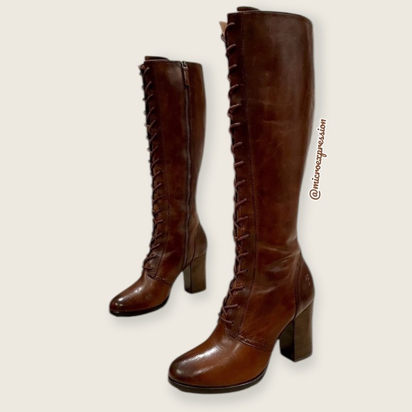 $699 Frye Parker Lace-Up Victorian Brown Leather Tall Boho Heeled Knee High Boot - Picture 14 of 16